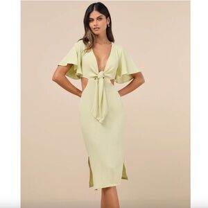 LULUS | Green Tie Front Linen Cutout Midi Dress (size large)
